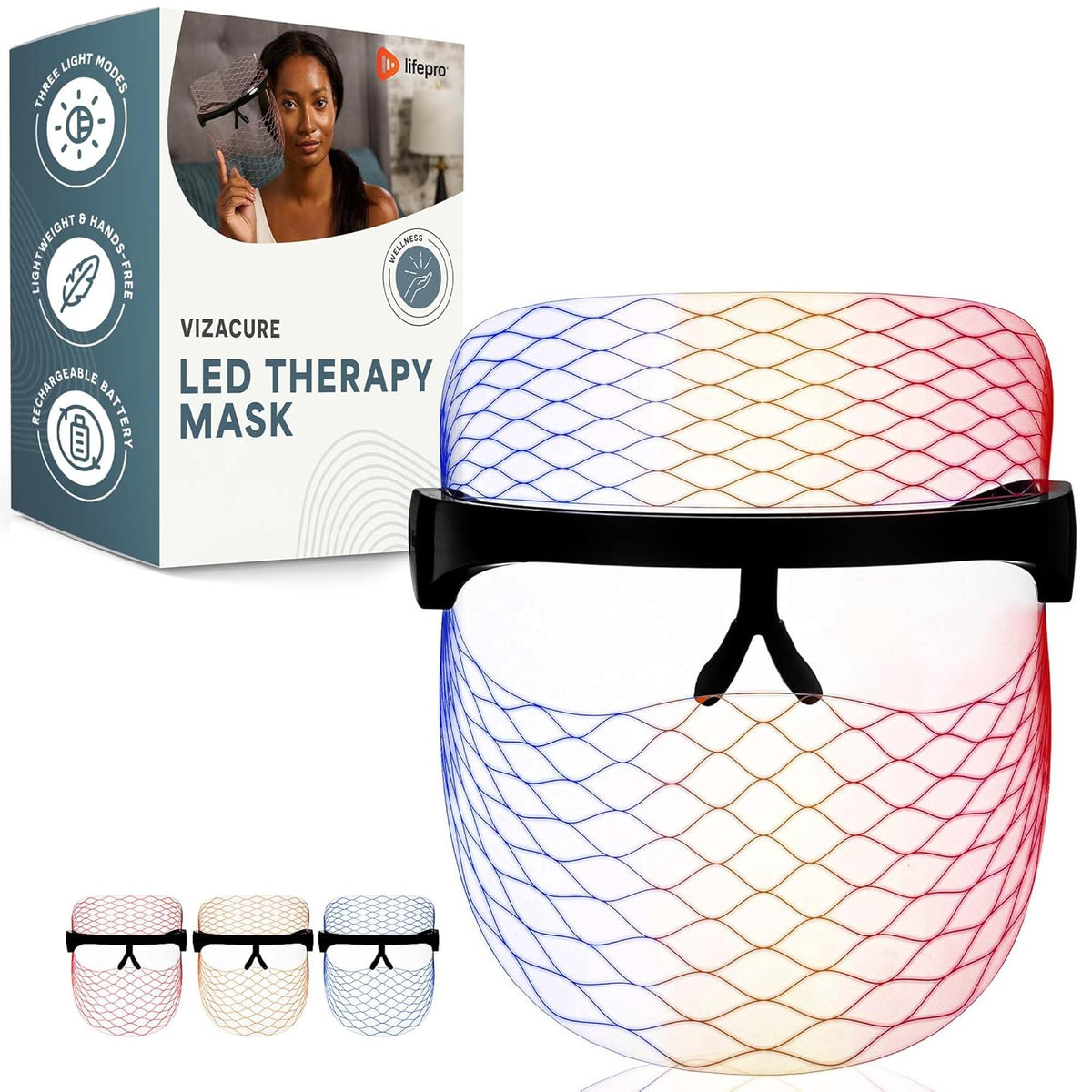 – Red Light Therapy for Face – LED Face Mask Light Therapy with Red, Blue & Amber Modes – Vizacure Rechargeable, Portable Skincare Mask for At-Home Use
