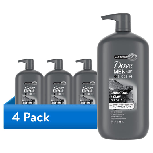 (4 Pack)  Purifying Hydrating Face & Body Wash for Men Charcoal & Clay, 30 Oz