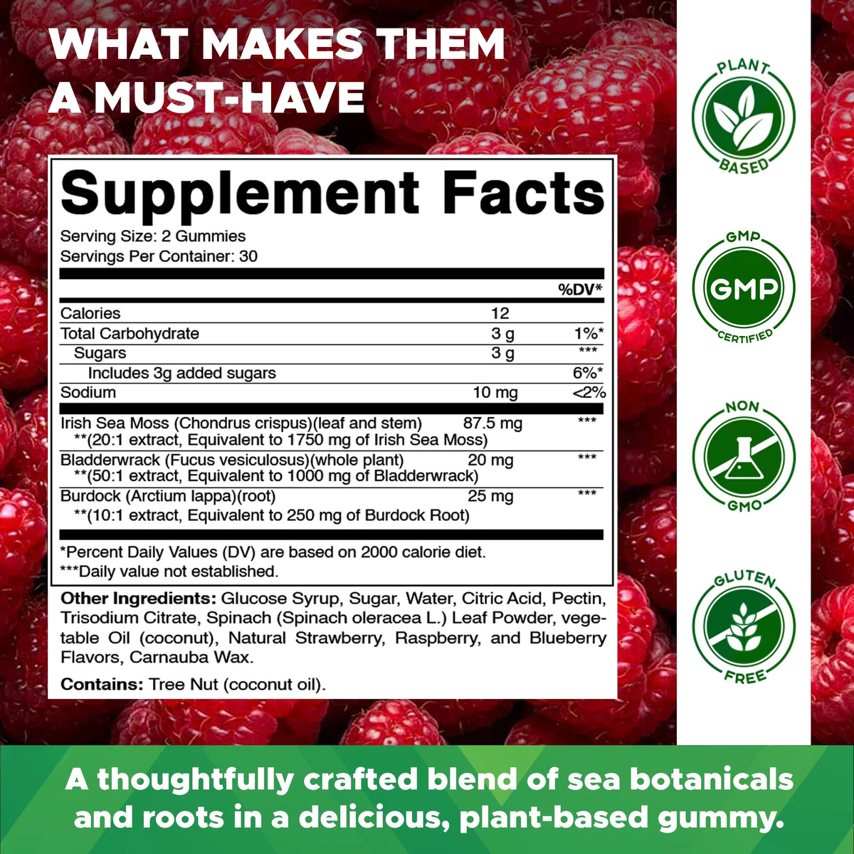 Irish Sea Moss Gummies - 3000 Mg - 60 Vegan Gummies - Made with Bladderwrack & Burdock Root - Seamoss Supplement for Thyroid, Energy, Immune Support